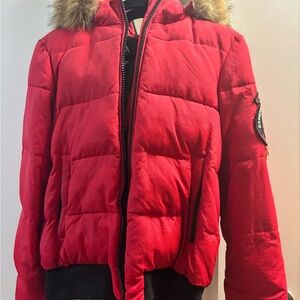 Red Puffer Jacket with Faux Fur Hood